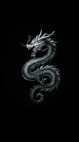 Coiled serpentine dragon illustration on black background.