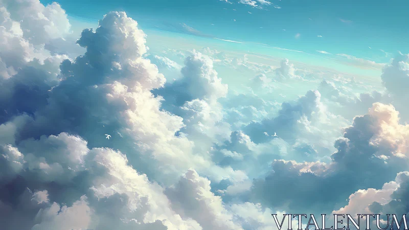 Soaring daylight clouds tower in a tranquil blue sky.