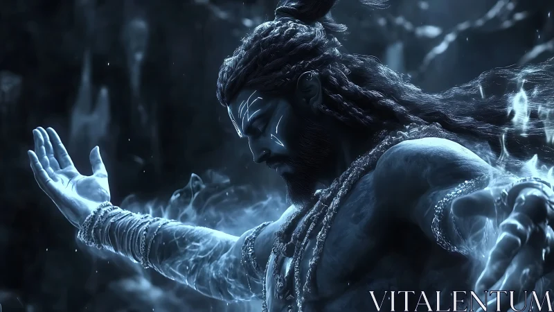 Divine warrior channels ethereal energy in icy twilight.