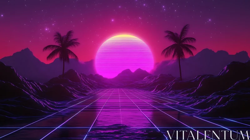Neon vaporwave horizon with grid-plane ocean and palm silhouettes.