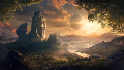 Sunlit alien valley and silent stone monolith at dusk.