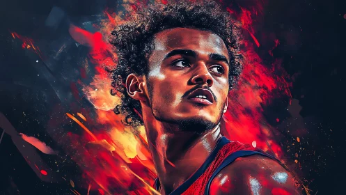 Intense basketball portrait amid explosive red energy swirls.