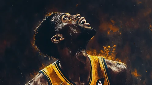 Upward gaze of triumphant basketball player in flame-lit haze.