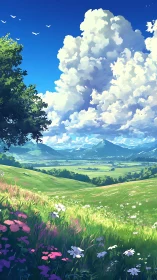 Summer meadow panorama under towering cumulus clouds.