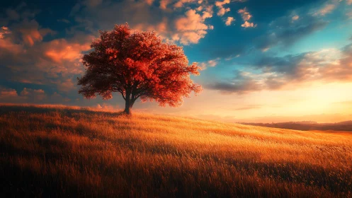 Solitary red tree on windswept grass hill at dramatic sunset