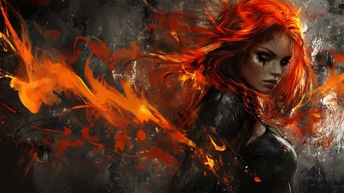 Fiery-haired woman emerges from chaotic orange and charcoal strokes