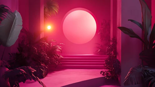 Geometric staircase courtyard under magenta neon lighting