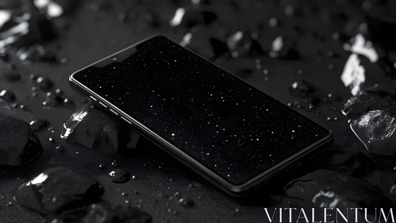 Modern smartphone with starry night reflection on wet black rocks.
