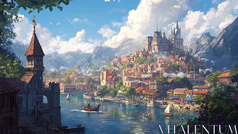 Riverside medieval port city with terraced castle skyline