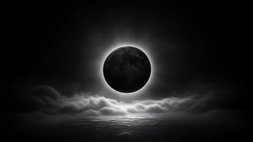 Moonlit eclipse over silver sea and whispering clouds.