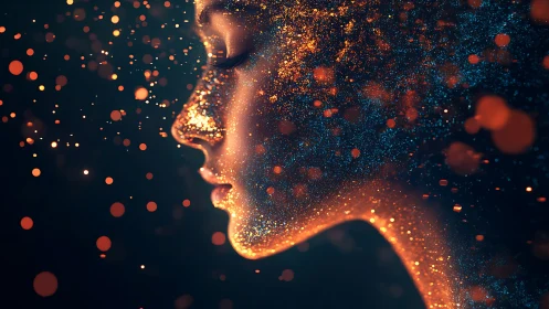 Starlit profile drifts through shimmering embers of thought.