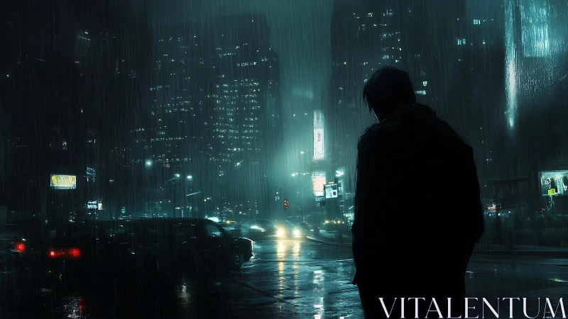 Solitary figure in rainlit cyberpunk intersection observes traffic