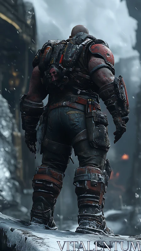 Battle-worn warrior pauses bravely on a snowy ledge