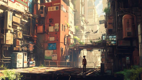 Solitary figure in sunlit cyberpunk alleyway district.