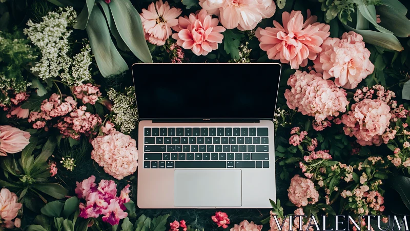 Open laptop centered in dense pink floral arrangement, top view