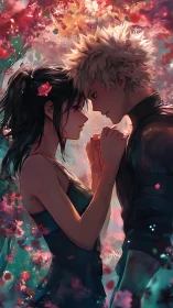 Intimate anime couple framed by soft, colorful blossoms.