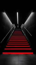 Staircase with red LED step lighting in dark corridor space