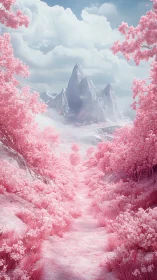 Infrared pink valley path leads toward mist-veiled mountain range