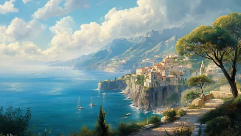 Sunlit coastal village overlooking calm sparkling sea.