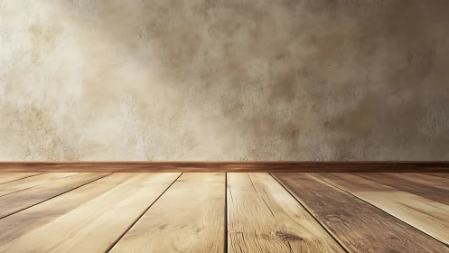 Photorealistic empty interior with rustic wall and wood floor.
