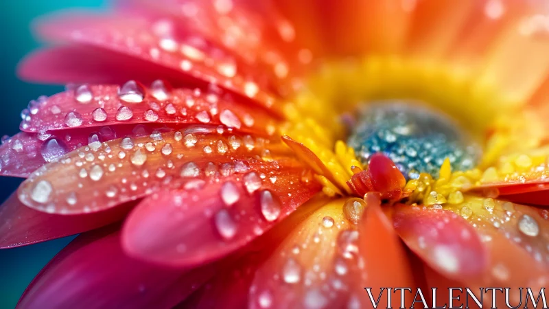 Macro view of multicolored daisy petals with water droplets.