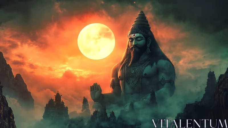 Colossal meditative deity statue dominates misty temple valley