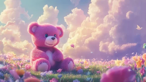 Cotton-candy teddy lounges beneath storybook sunrise clouds