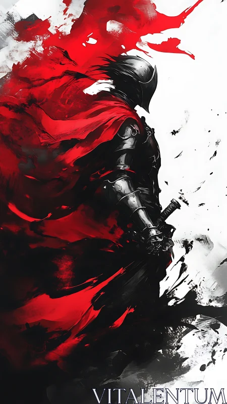 Armored swordsman in red mantle amid abstract chromatic torrent.