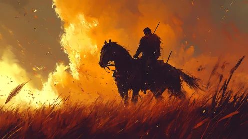 Silhouetted rider crosses windblown field under incendiary sky