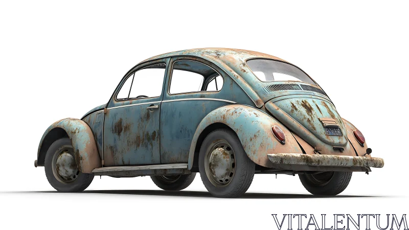Rusted compact vintage car on white studio background.
