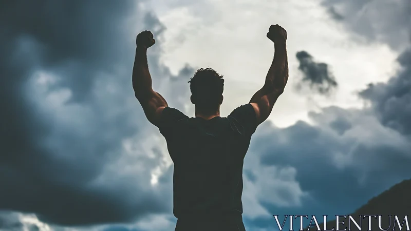 Silhouetted victor punches triumph into a stormy sky