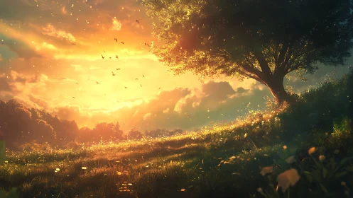 Golden meadow sunset with glowing tree and drifting petals.