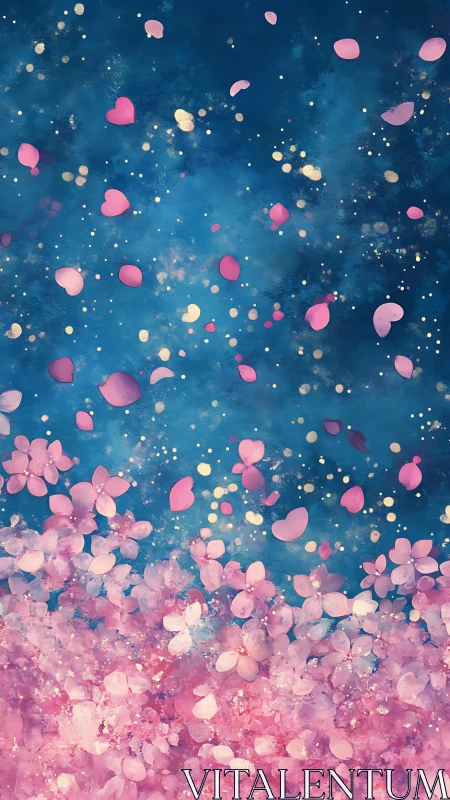 Pink digital petals disperse across a textured blue field