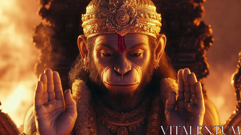 Serene monkey deity lifts twin blessings in molten dawn light