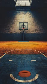 Solitary hoop waits in moody light on a worn urban court
