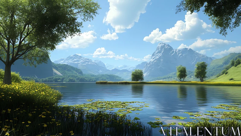 Mountain lake with clear water, trees and distant peaks.