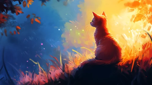 Backlit orange cat studies luminous dusk in stylized forest
