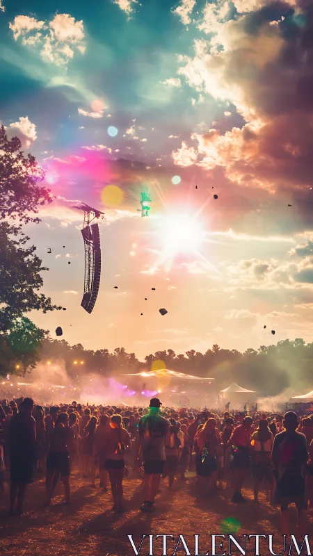 Sunlit music festival crowd under vivid lens flares.