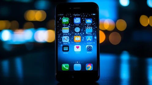 Night city bokeh crowns a glowing smartphone home screen