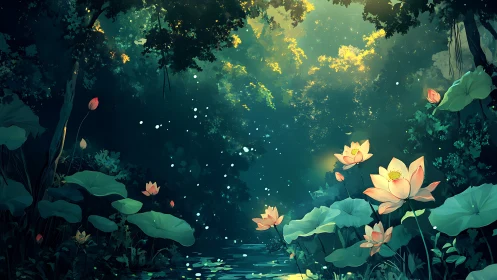 Gentle lotus blossoms glow softly in a magical forest pond