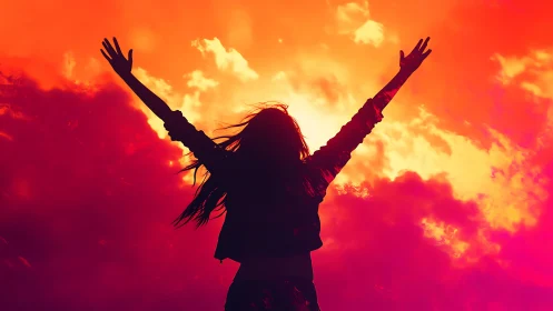 Silhouette of woman celebrating under vibrant fiery sunset sky.