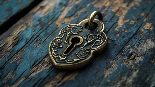 Ornate brass padlock rests on worn painted wooden boards