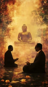 Meditating figures beneath Buddha statue in warm haze.
