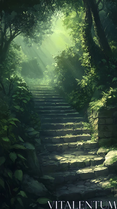 Layered atmospheric perspective renders forest canopy with volumetric light diffusion through stone 