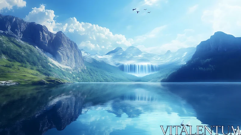 Hyperreal alpine lake panorama with cascading glacial waterfall