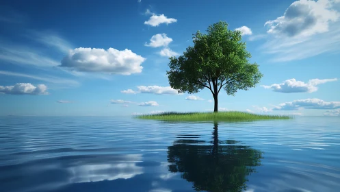 Lone dreamer tree floats quietly between sky and sea