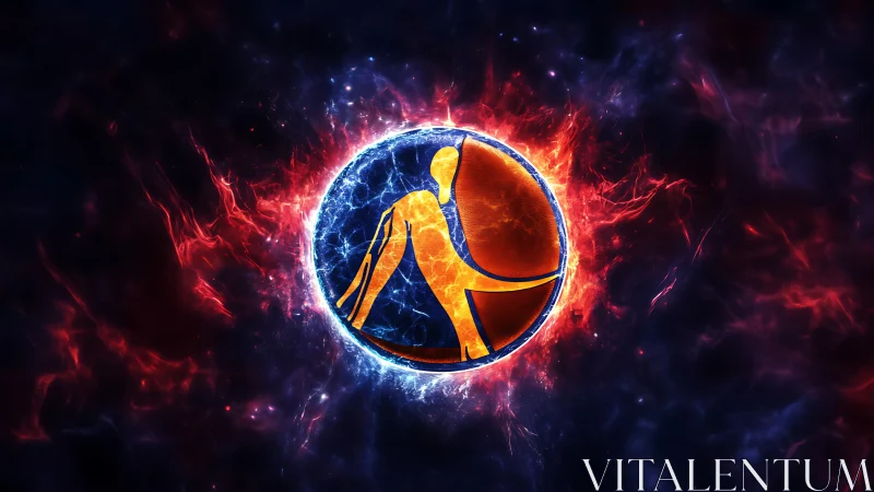 Circular fiery emblem shows abstract figure inside energy field