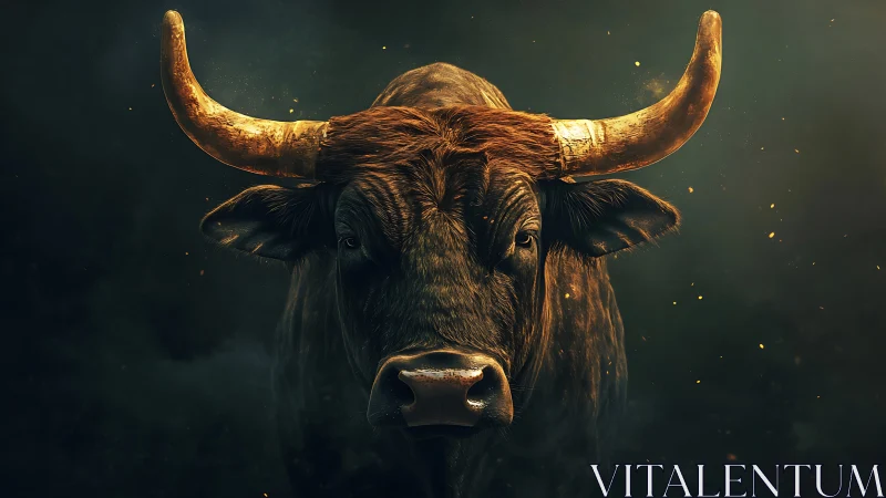 Majestic horned bull meets your gaze in warm golden light