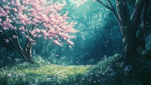 Enchanted Forest with Blooming Pink Trees and Mystical Woodland.