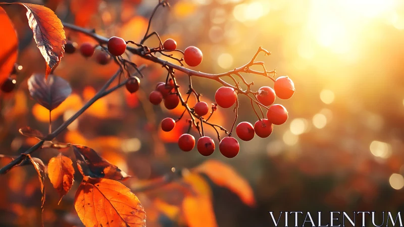 Sunlit red berries glow against warm autumn foliage.